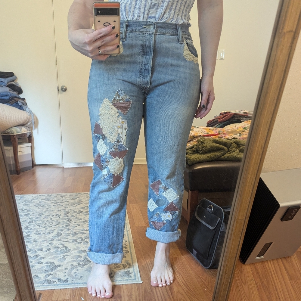 Custom Hand-Embellished patchwork style vintage Levi's one of a kind approx. Sz8